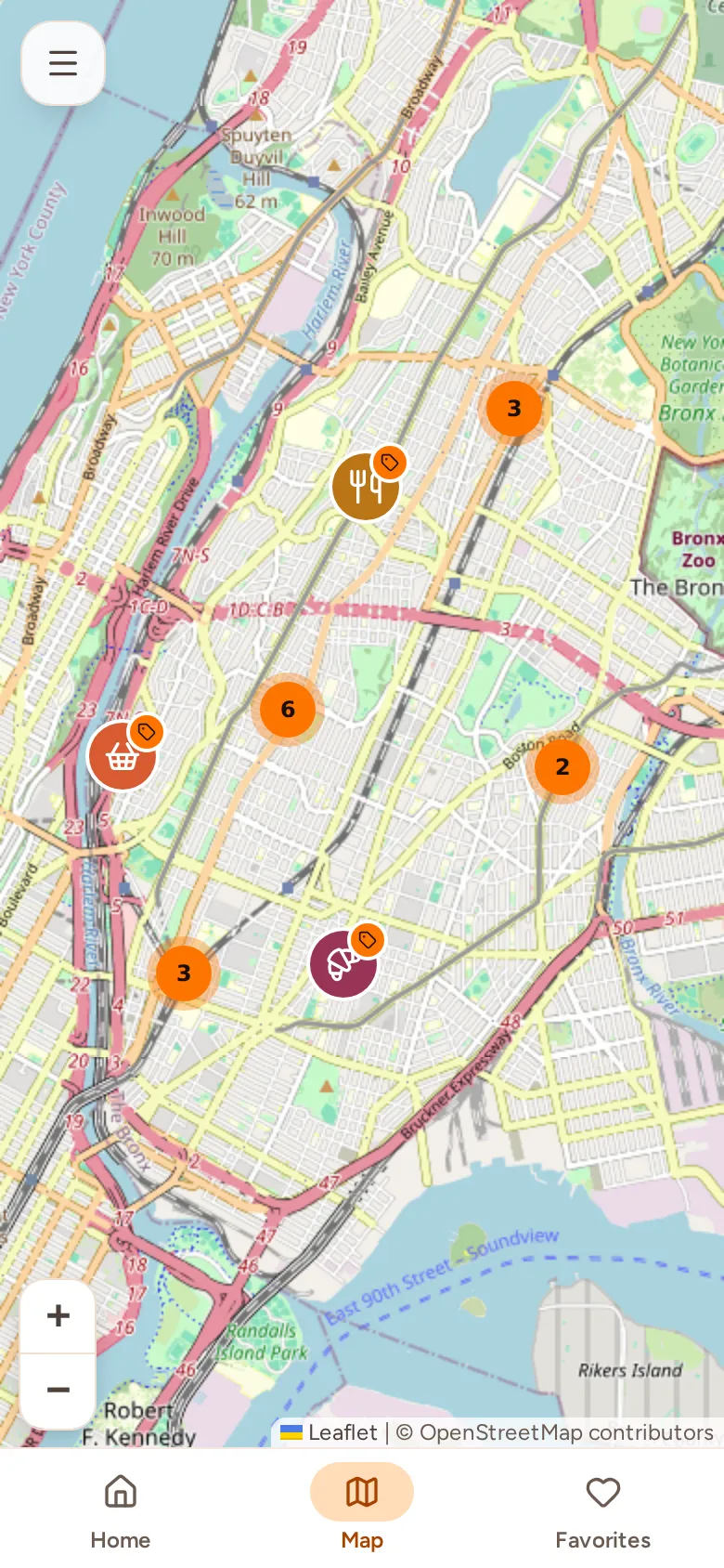 The Veci map on a phone with businesses grouped in clusters across the Bronx.