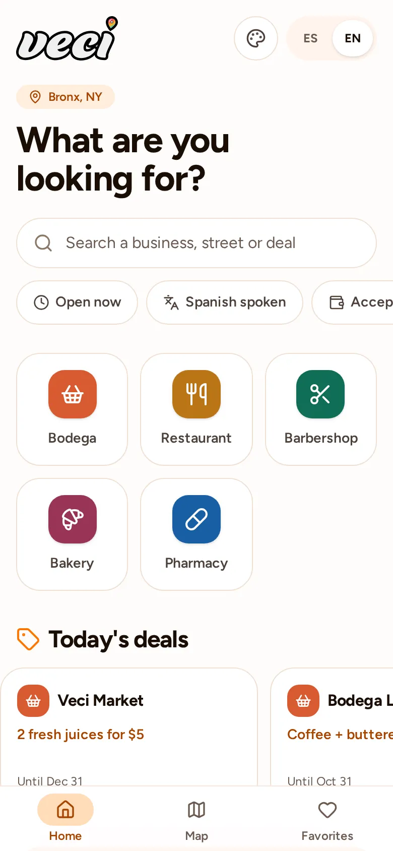 The Veci home screen on a phone: search, quick filters, business categories and today’s deals.