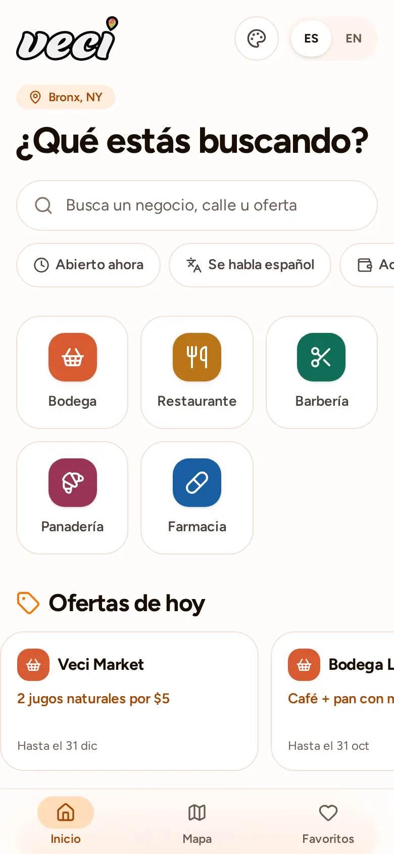 La pantalla de inicio de Veci en un celular: búsqueda, filtros rápidos, categorías de negocios y las ofertas del día.