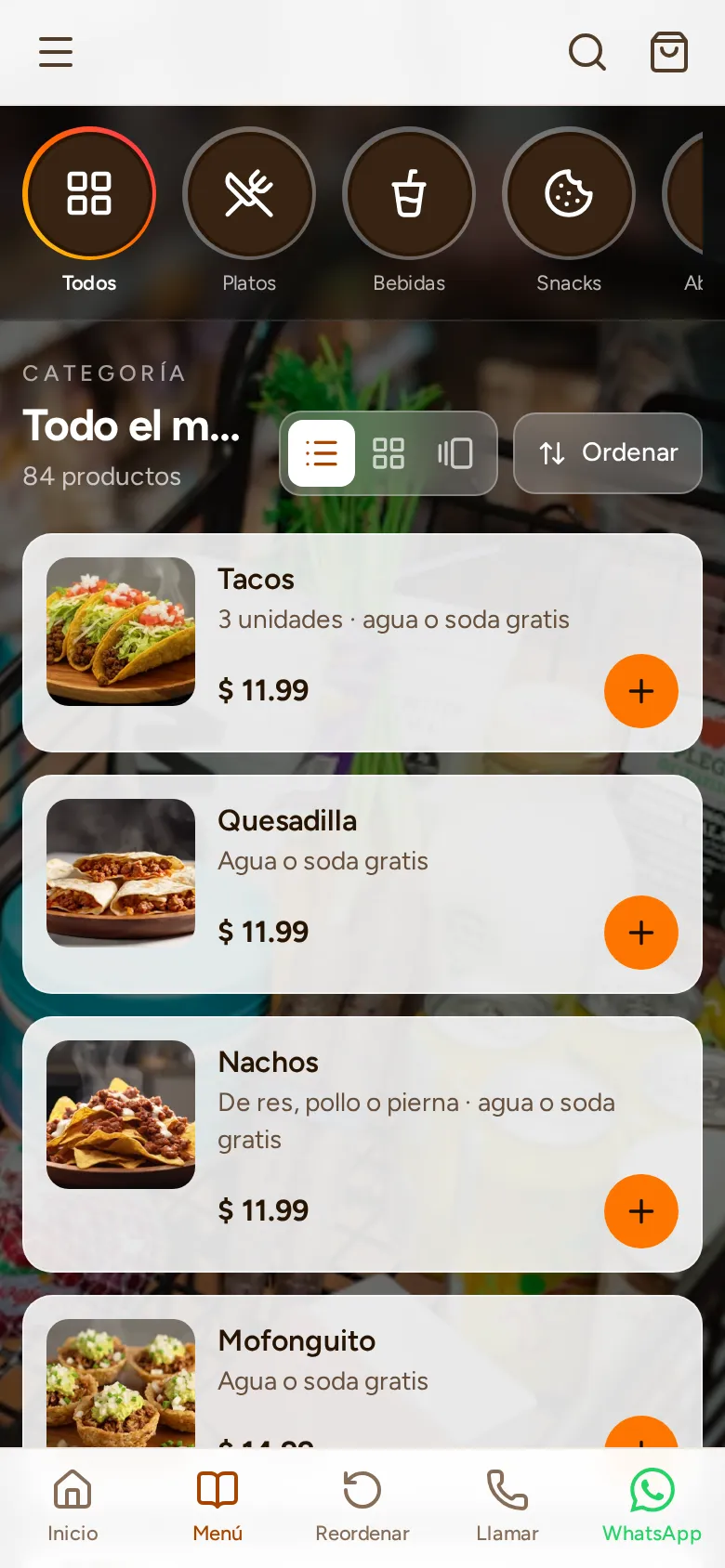 El menú digital de un negocio en un celular: categorías arriba y una lista de platos con foto, precio y botón para añadir.