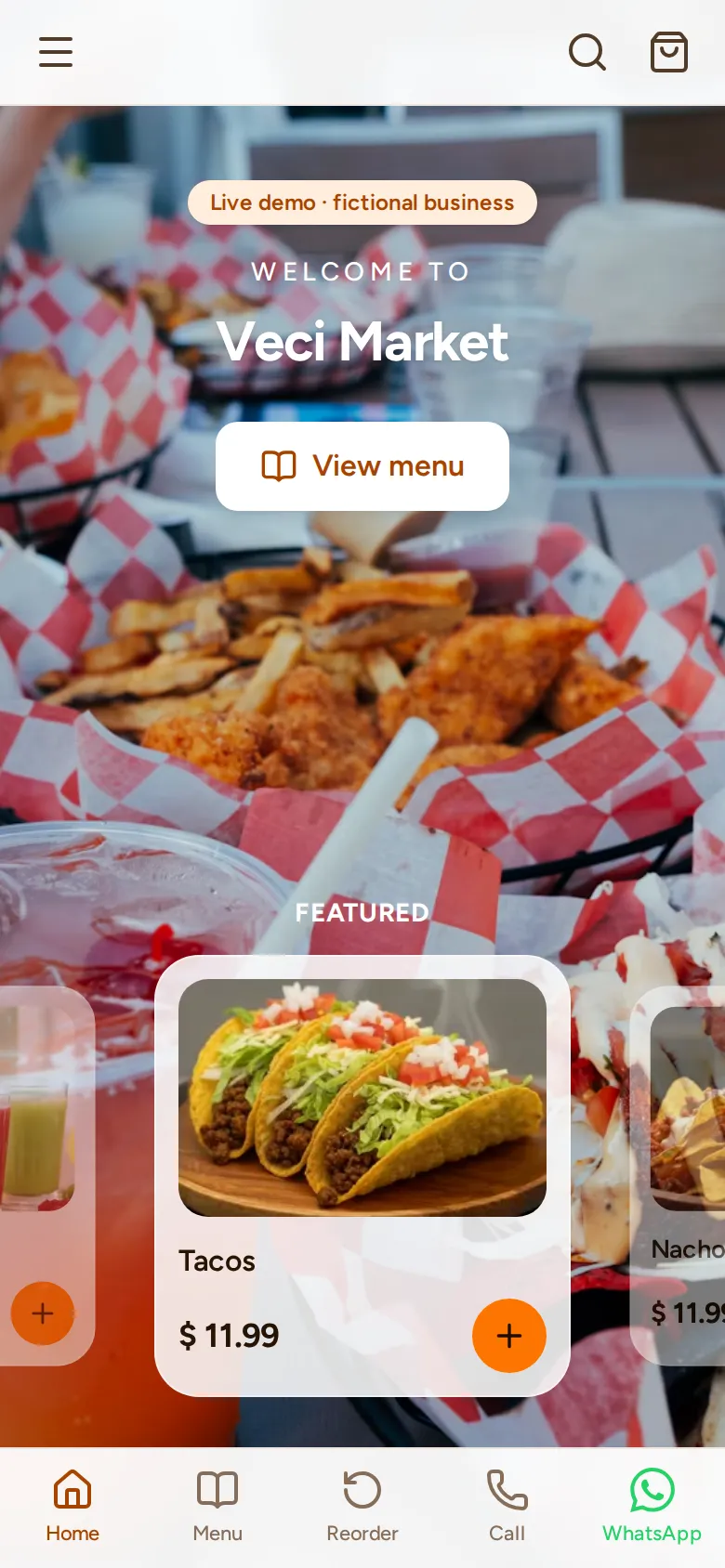The home screen of the Veci Market demo menu on a phone, with a “View menu” button and featured dishes.