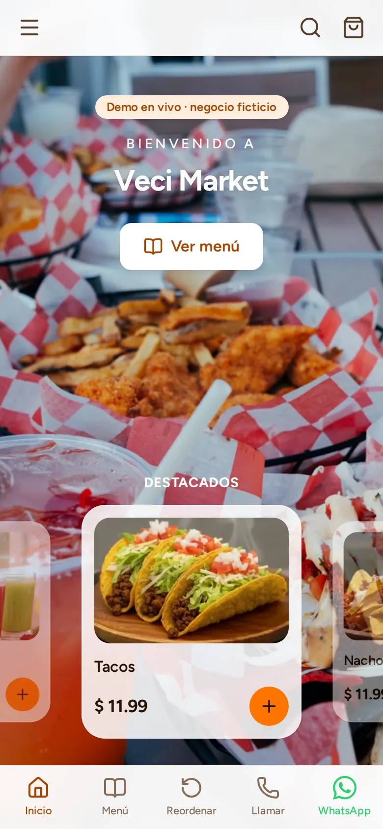 La portada del menú demo de Veci Market en un celular, con el botón “Ver menú” y platos destacados.